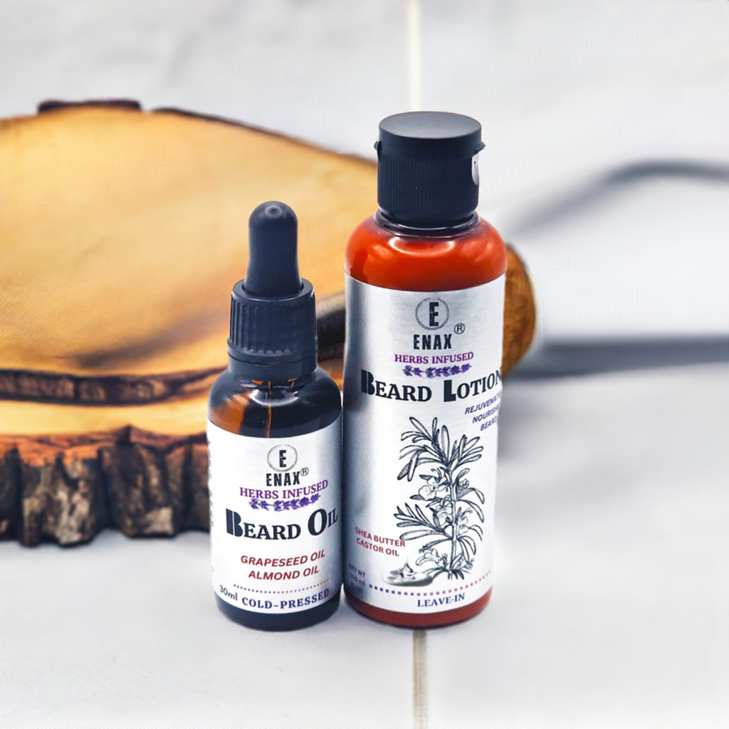 Beard Care Pack1: ENAX Beard Lotion & Beard Oil. 30ml bottle of (ENAX) Beard Oil to the left, 100ml bottle of (ENAX) Beard Lotion to the right. Grey background. Front Side.