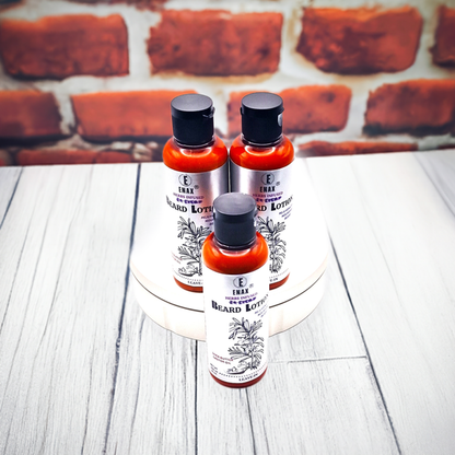 Beard Lotion: ENAX Herb Infused Beard Lotion Facial Care. Three 100ml bottles of (ENAX) Beard Lotion. Brown brick wall and grey wooden table. Front Side.
