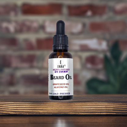 Beard Oil: ENAX Herb Infused Beard Oil Facial Care. 30ml bottle of (ENAX) Beard Oil. Dark brown brick wall background. Front Side.