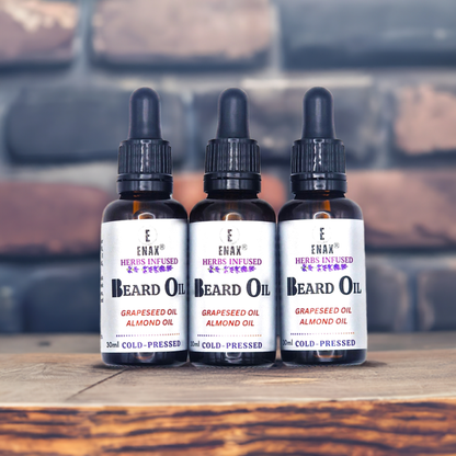 Beard Oil: ENAX Herb Infused Beard Oil Facial Care. 30ml bottle of (ENAX) Beard Oil. Dark brown brick wall background. Front Side.