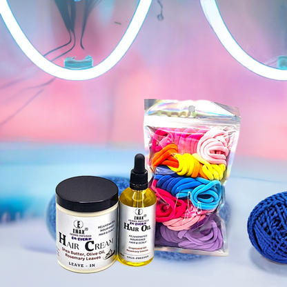 Children Care Pack2: ENAX Hair Cream, Hair Oil & Girl's Hair Ties. 300g jar of (ENAX) Hair Cream to the left, 100ml bottle of (ENAX) Hair Oil in the middle, One packet of (ENAX) Girl's Hair Ties to the far right. 80 medium-sized Multi-coloured hair ties inside packet. For Healthy Hair growth. Neon colourful background. Front Side.