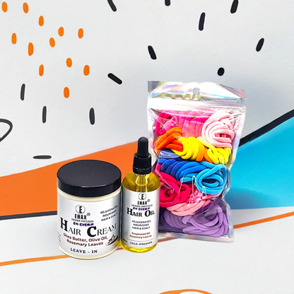Children Care Pack2: ENAX Hair Cream, Hair Oil & Girl's Hair Ties. 300g jar of (ENAX) Hair Cream to the left, 100ml bottle of (ENAX) Hair Oil in the middle, One packet of (ENAX) Girl's Hair Ties to the far right. 80 medium-sized Multi-coloured hair ties inside packet. For Healthy Hair growth. Modern colourful patterned background. Front Side.