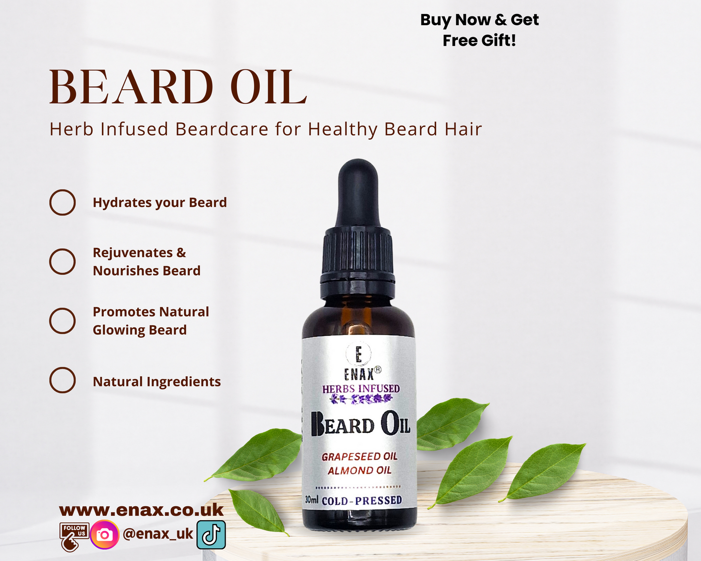 ENAX Beard Oil: Advert poster with green herbs describing the product.