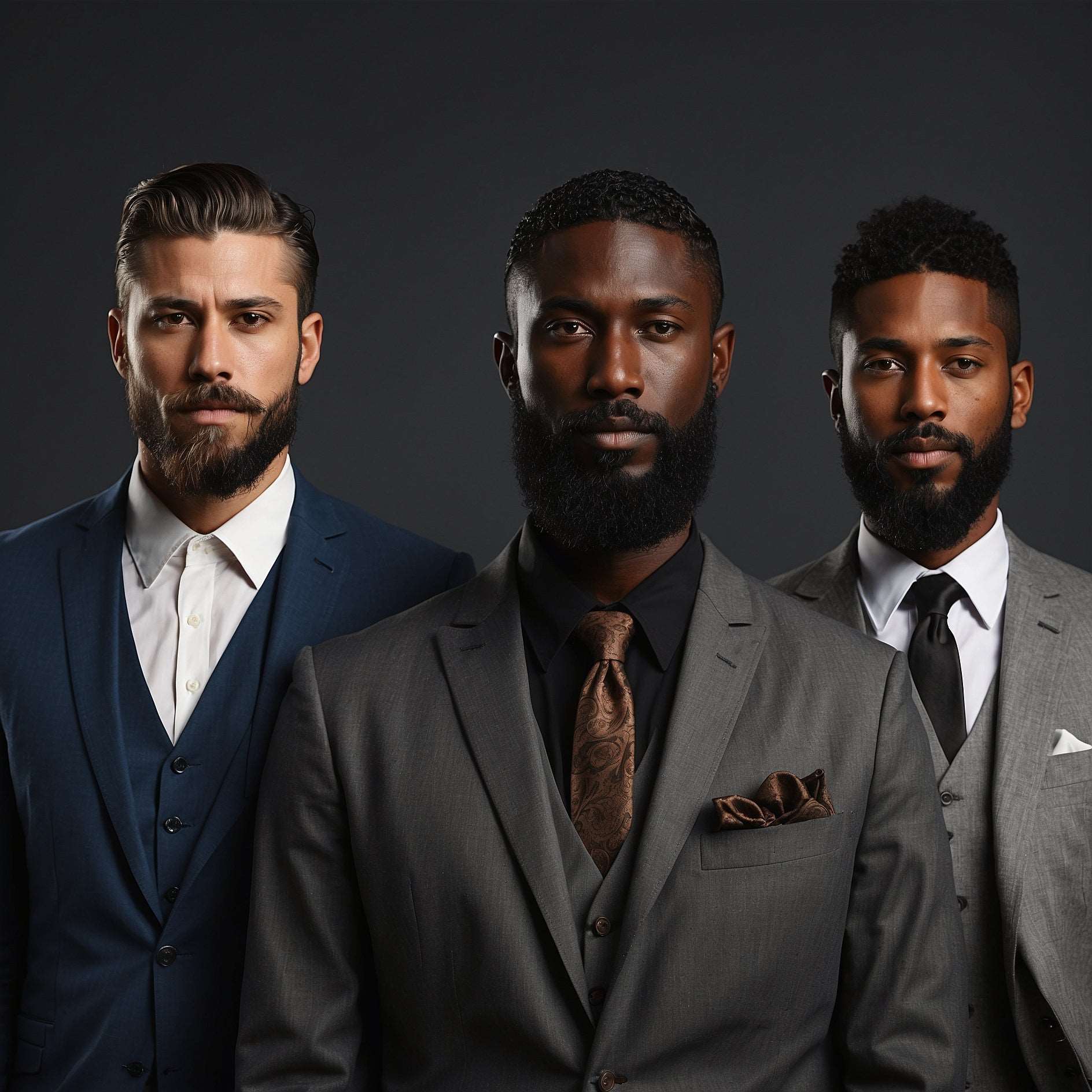 Maintain A Healthy Beard - ENAX: To the far left is a Caucasian man in a navy blue suit, he had neatly combed hair and beard. In the middle is a black man in dark grey suit, black shirt and brown tie, He has a black full beard. To the far right is a black man in a light grey suit, white shirt and black tie, He has a neatly trimmed beard and hair. Close-up image of all men. 