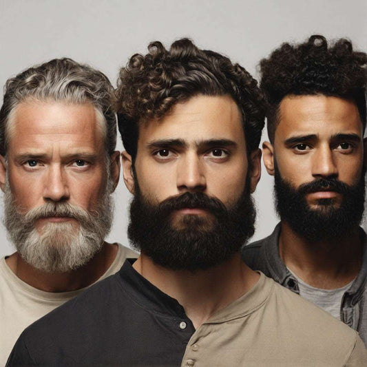 Beard Care Pack Utilisation Guide - ENAX: Caucasian elderly man with grey hair and beard to the far left. Young Caucasian white man with brown hair and beard in the middle. A mixed black man with black hair and beard to the far right. Close-up picture of the men.