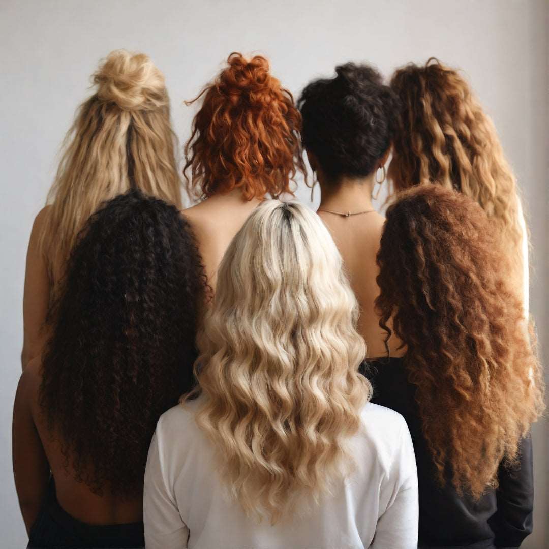 Different Hair Types - ENAX: Seven women with the back of their head showing. All women have different hair types, different hair colour and hair texture. 