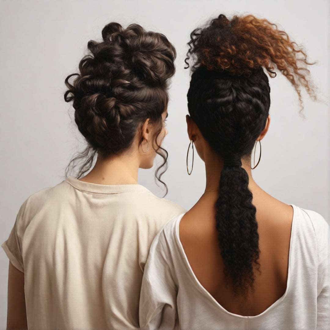 10 Tips for Healthy Hair & Scalp - ENAX: One Caucasian woman to the left and a black woman to the right. Both women with back turned to the camera and neatly packed hair. Grey background.