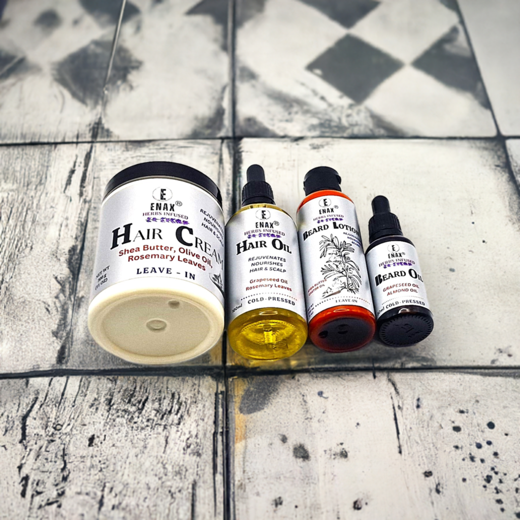 Family Pack1: ENAX Hair Cream, Hair Oil, Beard Lotion & Beard Oil. 300g jar of (ENAX) Hair Cream to the left, 100ml bottle of (ENAX) Hair Oil, 100ml bottle of (ENAX) Beard Lotion in the middle, 30ml bottle of (ENAX) Beard Oil to the far right. For healthy hair growth and maintenance. Light Brown wood countertop. Front side.