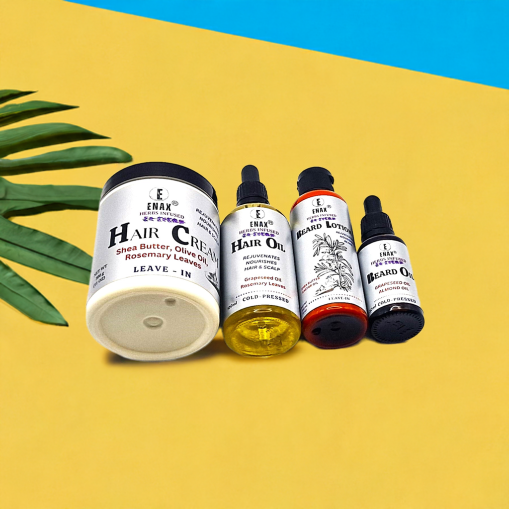 Family Pack1: ENAX Hair Cream, Hair Oil, Beard Lotion & Beard Oil. 300g jar of (ENAX) Hair Cream to the left, 100ml bottle of (ENAX) Hair Oil, 100ml bottle of (ENAX) Beard Lotion in the middle, 30ml bottle of (ENAX) Beard Oil to the far right. For healthy hair growth and maintenance. Yellow background. Front Side