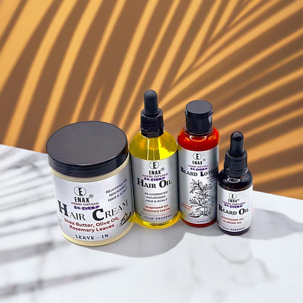 Family Pack1: ENAX Hair Cream, Hair Oil, Beard Lotion & Beard Oil. 300g jar of (ENAX) Hair Cream to the left, 100ml bottle of (ENAX) Hair Oil, 100ml bottle of (ENAX) Beard Lotion in the middle, 30ml bottle of (ENAX) Beard Oil to the far right. For healthy hair growth and maintenance. Front Side