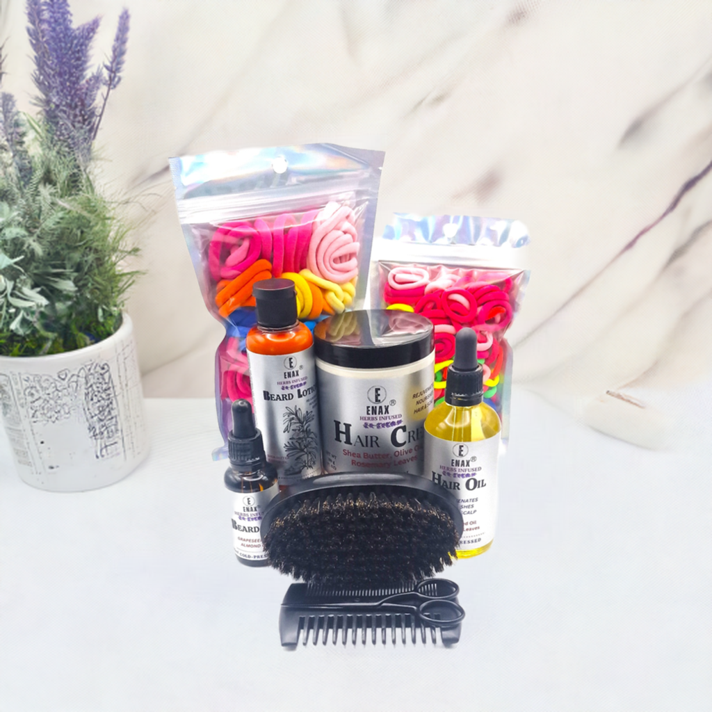 Family Pack2 - ENAX: Girl's Hair Ties 80 Hair bands inside. 300g jar of ENAX Hair Cream. 100ml bottle of ENAX Hair Oil. Baby & Toddler's Pink Hair Ties 120 small sized hair bands inside. 30ml bottle of ENAX Beard Oil. 100ml bottle of ENAX Beard Lotion. ENAX Beard Grooming Kit consisting of Black Boar Bristle Brush, Black Pearwood Comb and a pair of Black Stainless Steel Scissors. ENAX herb infused products with essential oils and herbs. Flower pot to the right. Front side.