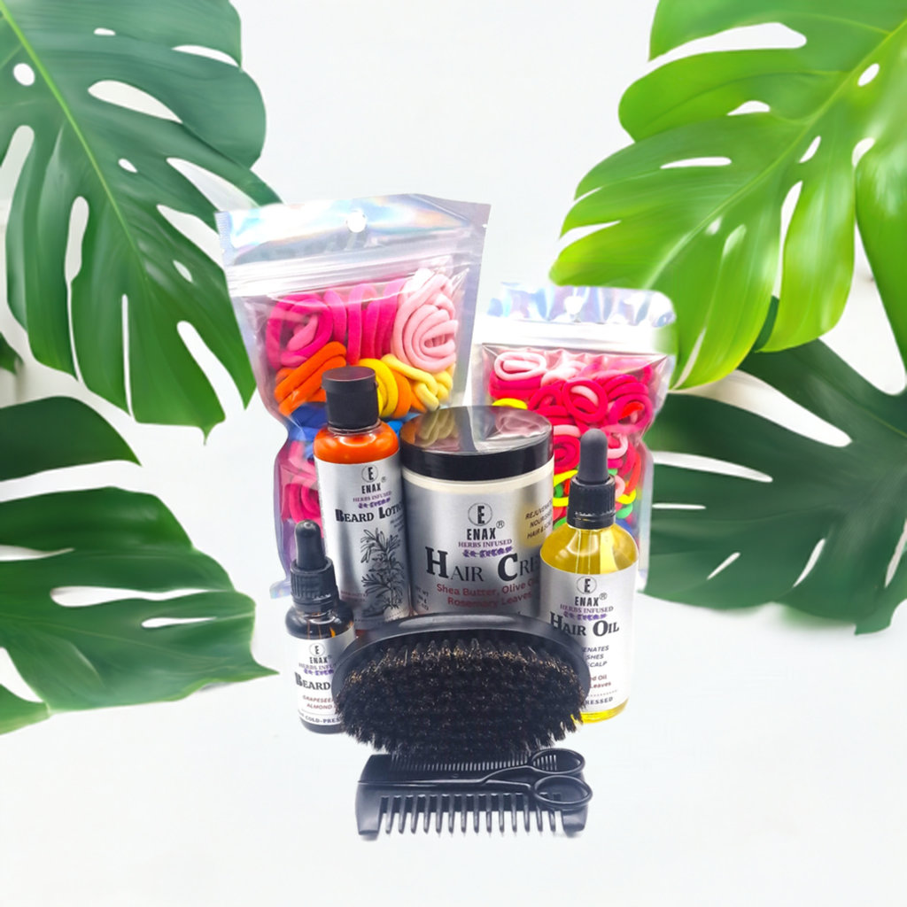 Family Pack2 - ENAX: Girl's Hair Ties 80 Hair bands inside. 300g jar of ENAX Hair Cream. 100ml bottle of ENAX Hair Oil. Baby & Toddler's Pink Hair Ties 120 small sized hair bands inside. 30ml bottle of ENAX Beard Oil. 100ml bottle of ENAX Beard Lotion. ENAX Beard Grooming Kit consisting of Black Boar Bristle Brush, Black Pearwood Comb and a pair of Black Stainless Steel Scissors. ENAX herb infused products with essential oils and herbs. Flower pot to the left, flowery counter top. Front side.