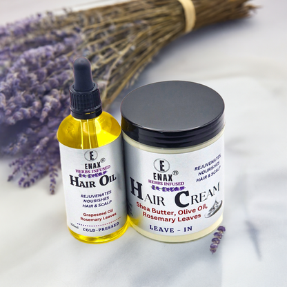 Hair Care Pack: ENAX Hair Cream & Hair Oil. 300g jar of (ENAX) Hair Cream to the left, 100ml bottle of (ENAX) Hair Oil to the right. For Healthy Hair growth. Hair brushes and rosemary leaves background. Front side.