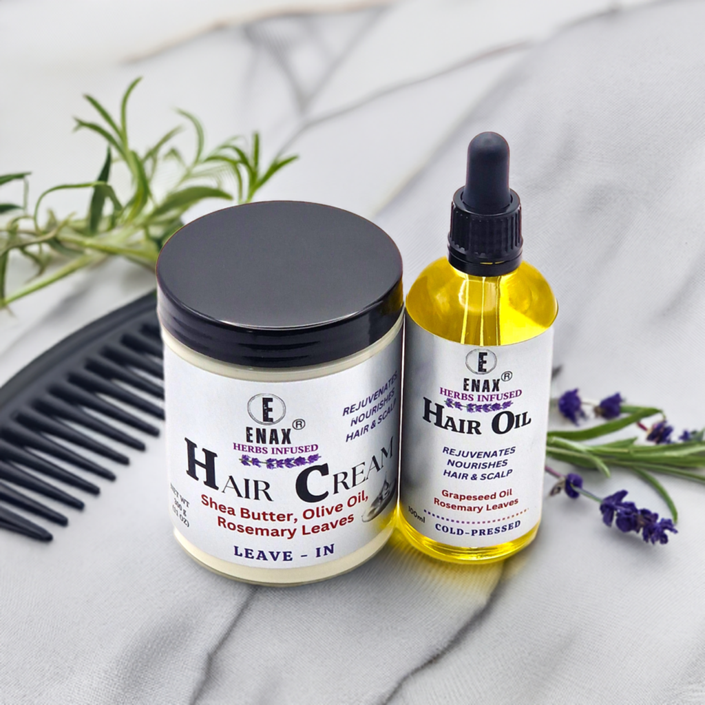 Hair Care Pack: ENAX Hair Cream & Hair Oil. 300g jar of (ENAX) Hair Cream to the left, 100ml bottle of (ENAX) Hair Oil to the right. For Healthy Hair growth. Hair brushes and rosemary leaves background. Front side.