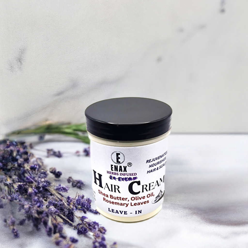 Hair Cream: ENAX Herbs Infused Hair Cream. 300g jar of (ENAX) Hair Cream. For Healthy Hair Growth & Maintenance. Marble and Lavender buds background. Front Side.