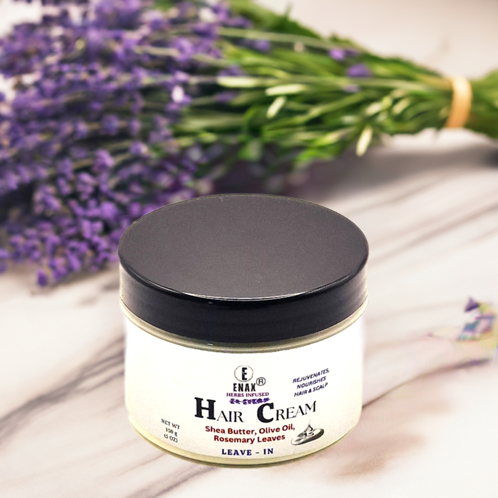 Hair Cream: ENAX Herbs Infused Hair Cream. 150g jars of (ENAX) Hair Cream. For Healthy Hair Growth & Maintenance. White countertop with lavender buds background. Front side.