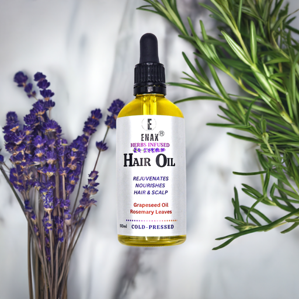 Hair Oil: ENAX Herbs Infused Hair Oil. 100ml bottle of (ENAX) Hair Oil. For Healthy Hair Growth, Personal Care, Hair and Scalp Treatment. Grey background with lavender buds, hair brush and hair comb. Front side