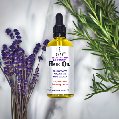 Hair Oil: ENAX Herbs Infused Hair Oil. 100ml bottle of (ENAX) Hair Oil. For Healthy Hair Growth, Personal Care, Hair and Scalp Treatment. Grey background with lavender buds, hair brush and hair comb. Front side