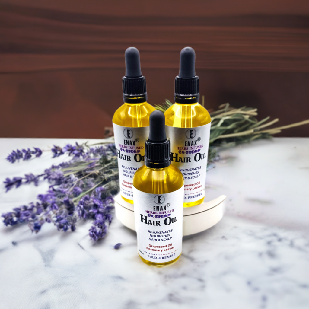 Hair Oil: ENAX Herbs Infused Hair Oil. Three 100ml bottle of (ENAX) Hair Oil. For Healthy Hair Growth, Personal Care, Hair and Scalp Treatment. Grey background with lavender buds, hair brush and hair comb. Front side