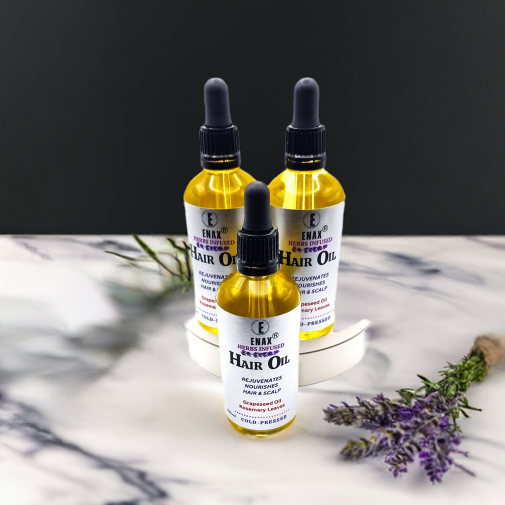 Hair Oil: ENAX Herbs Infused Hair Oil. Three 100ml bottle of (ENAX) Hair Oil. For Healthy Hair Growth, Personal Care, Hair and Scalp Treatment. Grey background with lavender buds, hair brush and hair comb. Front side