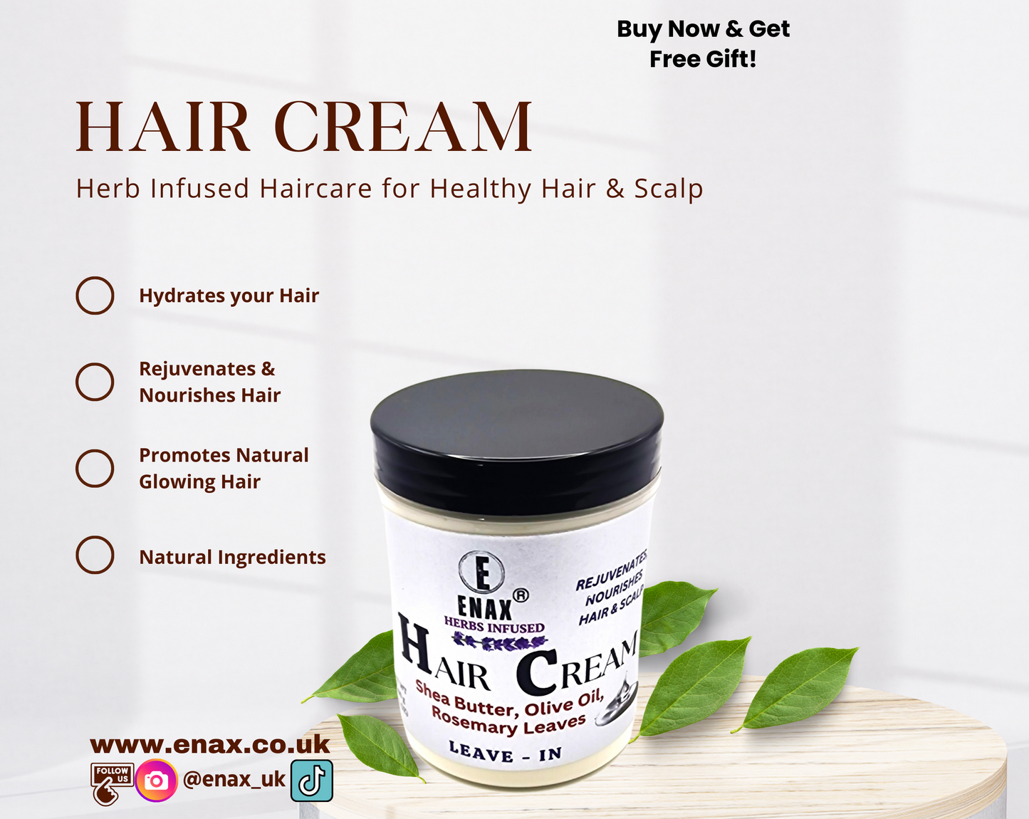 ENAX Hair Cream: Advert poster with green herbs describing the product.