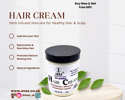 ENAX Hair Cream: Advert poster with green herbs describing the product.