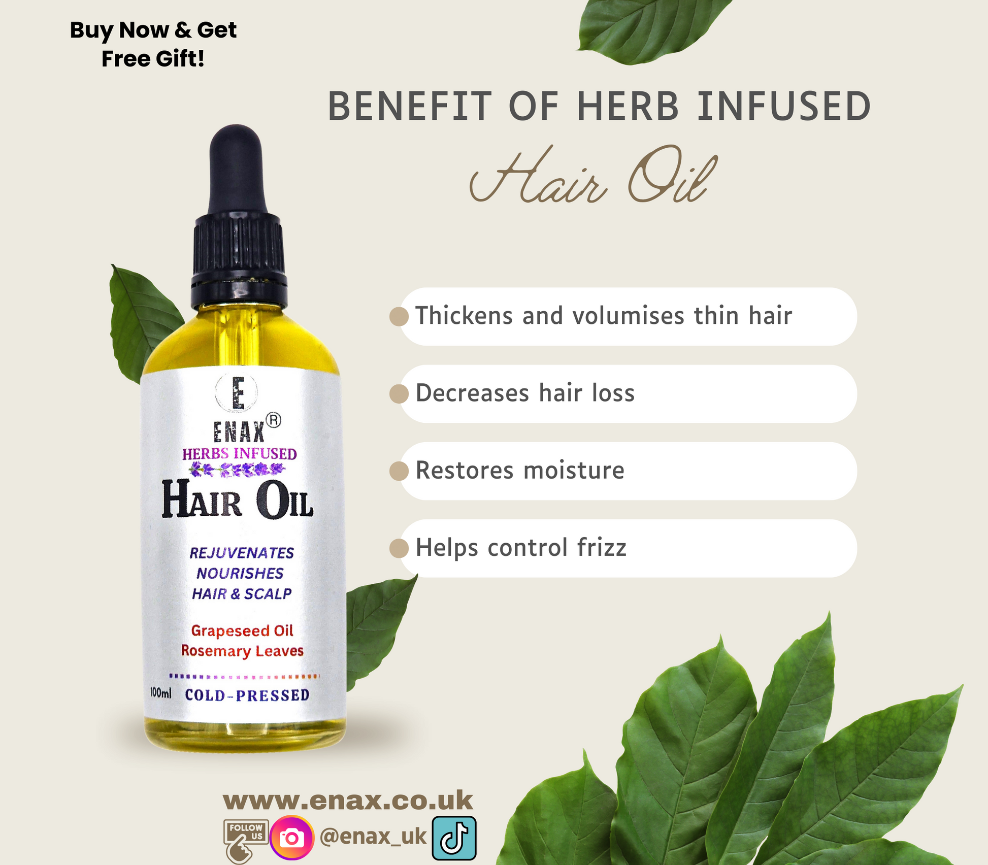 ENAX Hair Oil: Advert poster with green herbs describing the product.