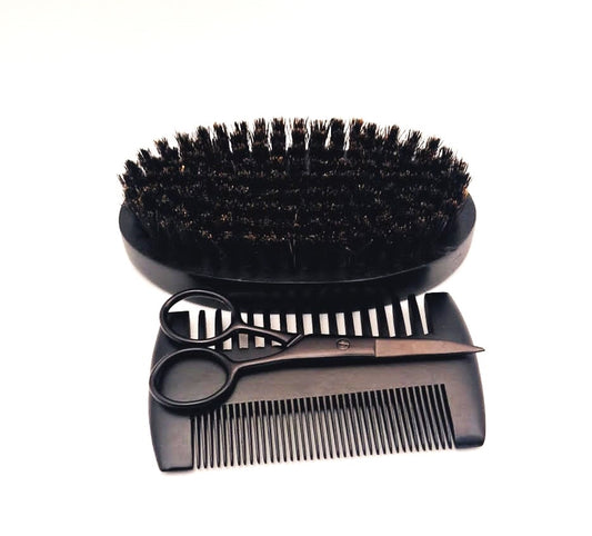 Beard Grooming Kit: ENAX Boar Bristle Brush, Scissors & Pearwood Comb, Men Facial Care. One set of (ENAX) Beard Grooming Kit to the sides, consisting of One Black Boar Bristle Brush, One Black Pearwood Comb, One Black Stainless Steel Scissors. White background. Front Side.