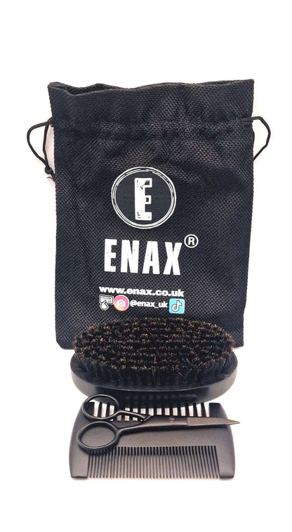Beard Grooming Kit: ENAX Boar Bristle Brush, Scissors & Pearwood Comb, Men Facial Care. One set of (ENAX) Beard Grooming Kit to the sides, consisting of One Black Boar Bristle Brush, One Black Pearwood Comb, One Black Stainless Steel Scissors, One Black Grooming Kit Bag. White background. Front Side.