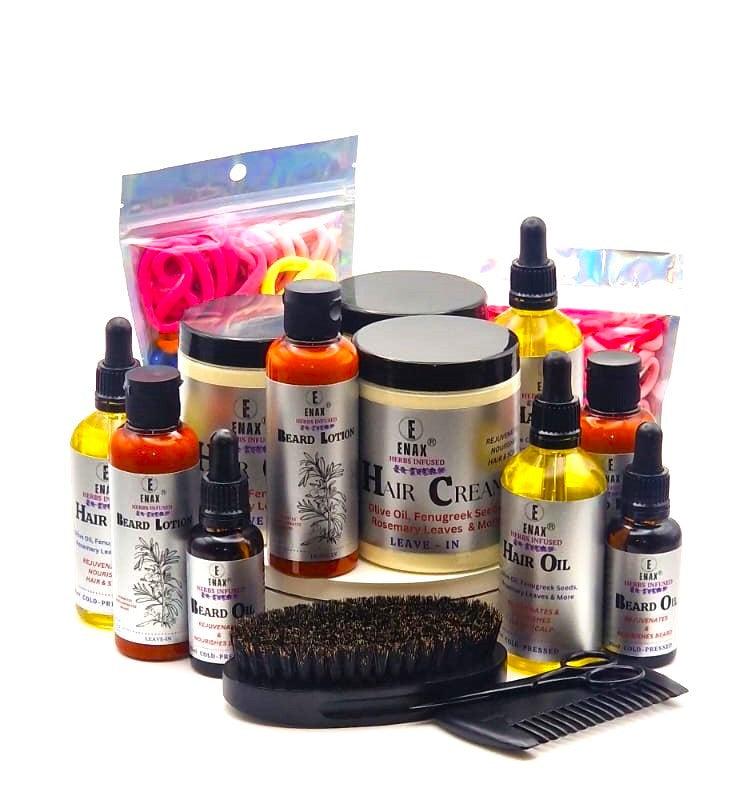 10 Tips for Healthy Hair & Scalp - ENAX: Collection of ENAX Hair and Beard Care Products. Three 300g jars of ENAX Hair Cream, three 100ml bottles of ENAX Hair Oil, three bottles of ENAX Beard Lotion, three 30ml bottles of ENAX Beard Oil, One silver pouch of Girl's Hair Ties, ENAX Beard Grooming Kit and one pouch of Baby & Toddler's Hair Ties.