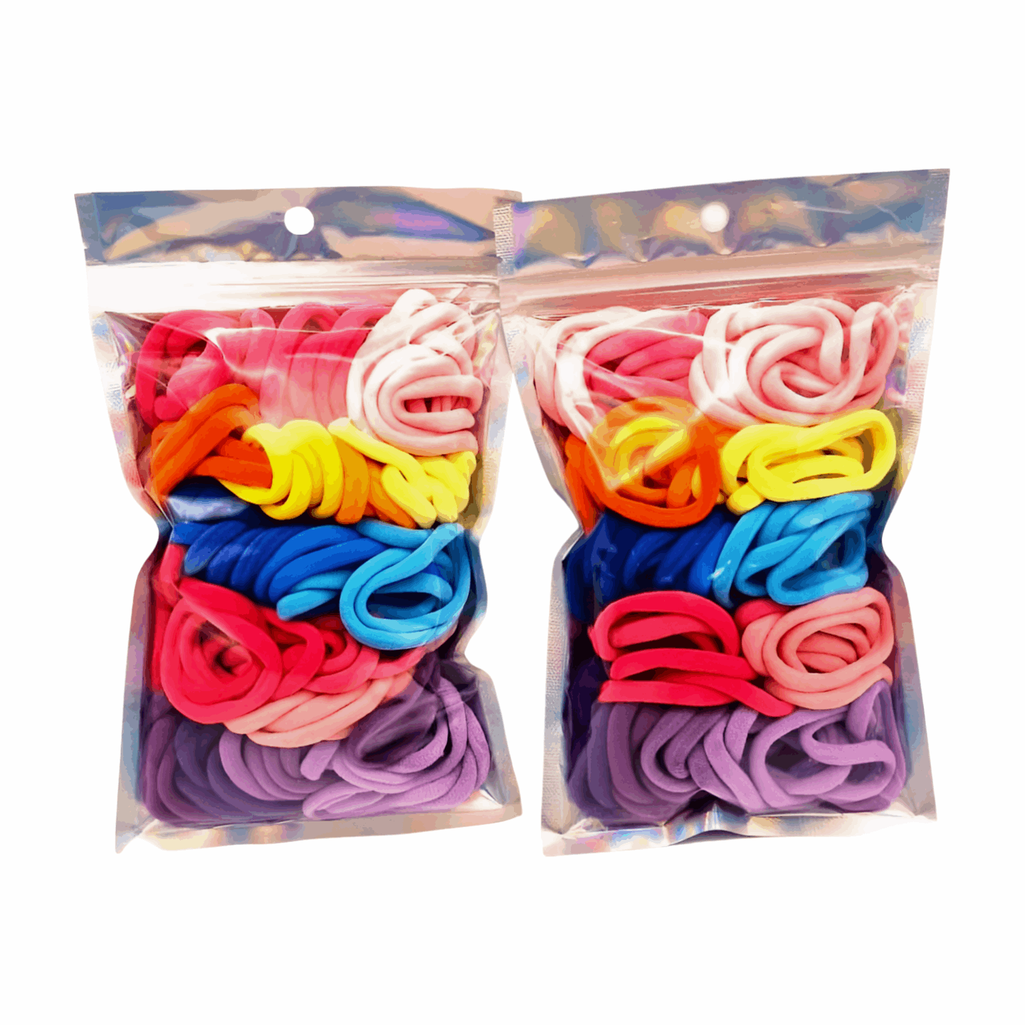 Girls' Hair Ties Pack of 2: ENAX Multi-Coloured Girls Hair Bands, Two silver packet of (ENAX) colorful medium-sized Hair Ties. 80 hair ties inside each pack, two packets in picture. White background. Front Side.