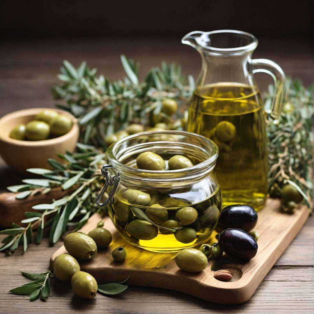 Maintain a Healthy Hair - ENAX: Olive oil and Olives in jugs and chicory board. Rosemary stems on the board.
