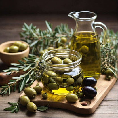 Maintain a Healthy Hair - ENAX: Olive oil and Olives in jugs and chicory board. Rosemary stems on the board.