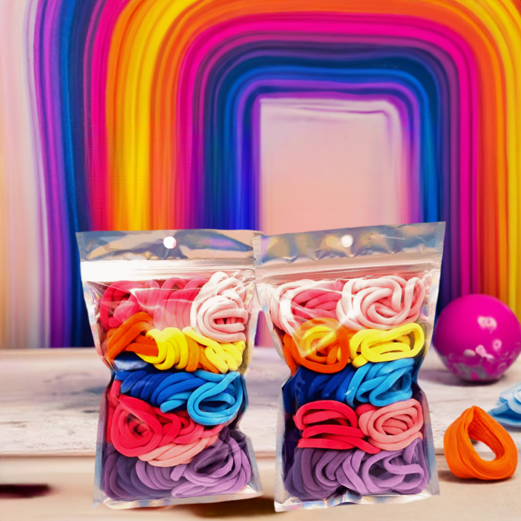 Girls' Hair Ties Pack of 2: ENAX Multi-Coloured Girls Hair Bands, Two silver packet of (ENAX) colorful medium-sized Hair Ties. 80 hair ties inside each pack, two packets in picture. Colourful rainbow shaped background. Front Side.