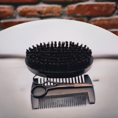 Beard Grooming Kit: ENAX Boar Bristle Brush, Scissors & Pearwood Comb, Men Facial Care. One set of (ENAX) Beard Grooming Kit to the sides, consisting of One Black Boar Bristle Brush, One Black Pearwood Comb, One Black Stainless Steel Scissors. Brown brick background. Front Side.